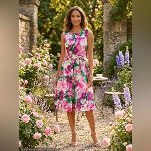 Kasper Pink & Green Floral Tie-Waist Midi Dress